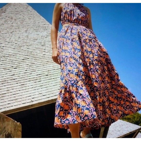 NWT J Crew Harbour Side-Cutout Midi Dress Size Small Tall Blue Orange Floral - Picture 4 of 16